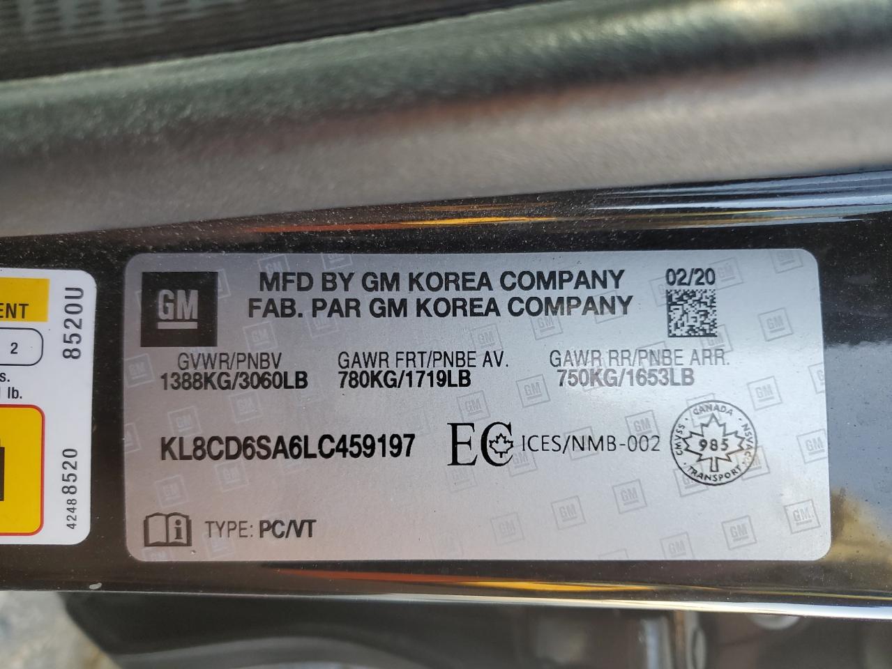 2020 Chevrolet Spark 1Lt VIN: KL8CD6SA6LC459197 Lot: 71254685