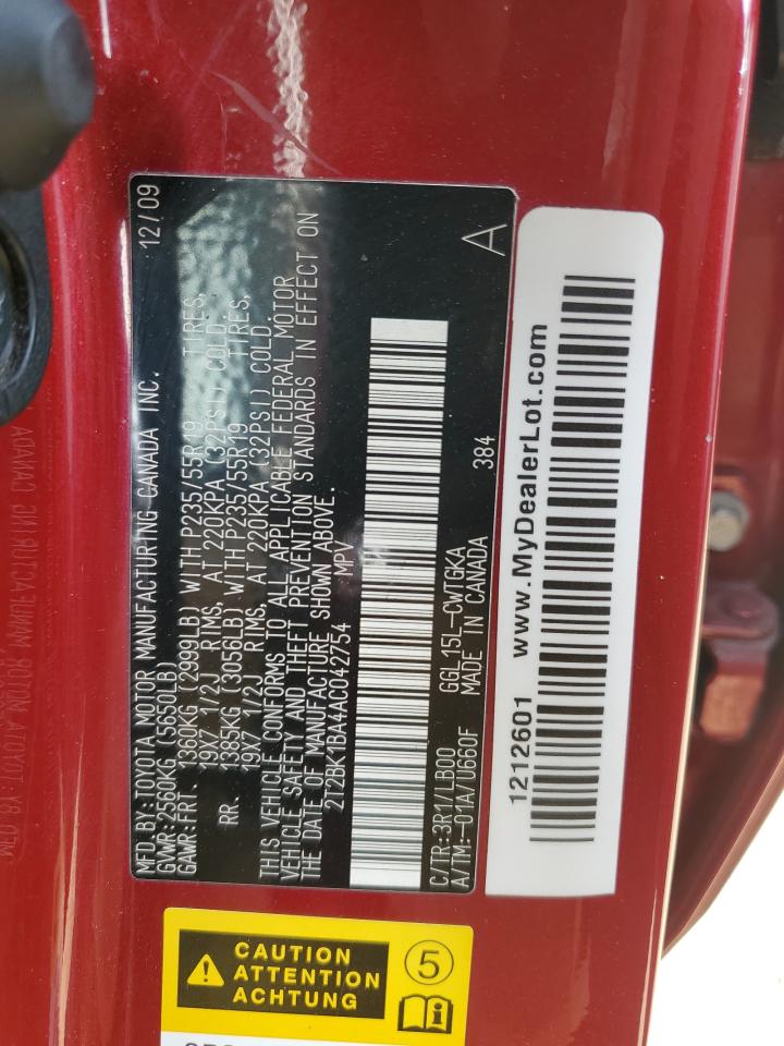 2010 Lexus Rx 350 VIN: 2T2BK1BA4AC042754 Lot: 84293415