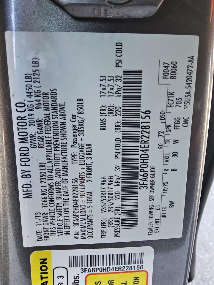 2014 Ford Fusion Se VIN: 3FA6P0HD4ER228156 Lot: 81164325