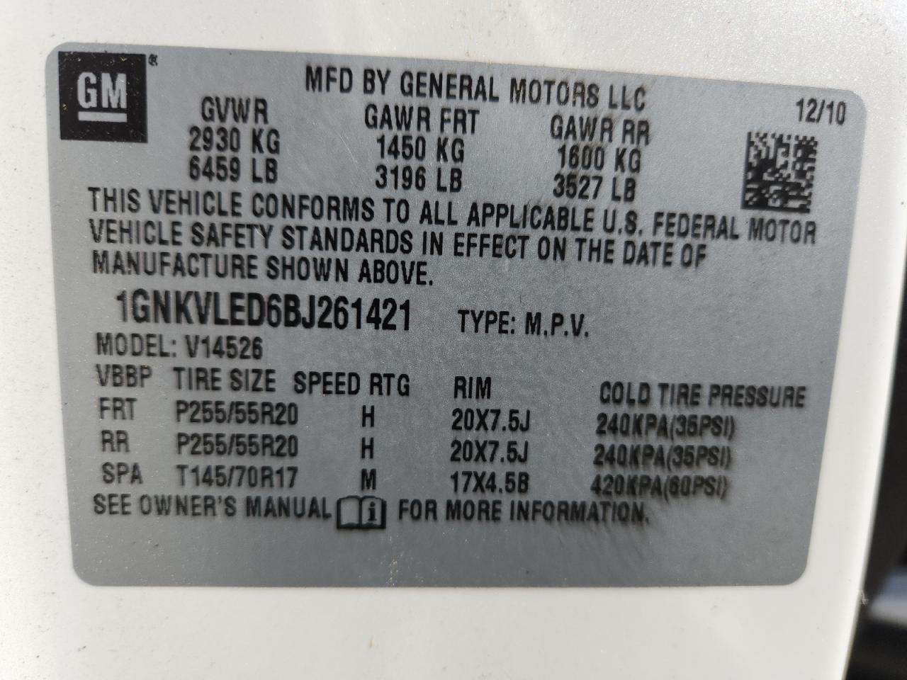2011 Chevrolet Traverse Ltz VIN: 1GNKVLED6BJ261421 Lot: 84429795