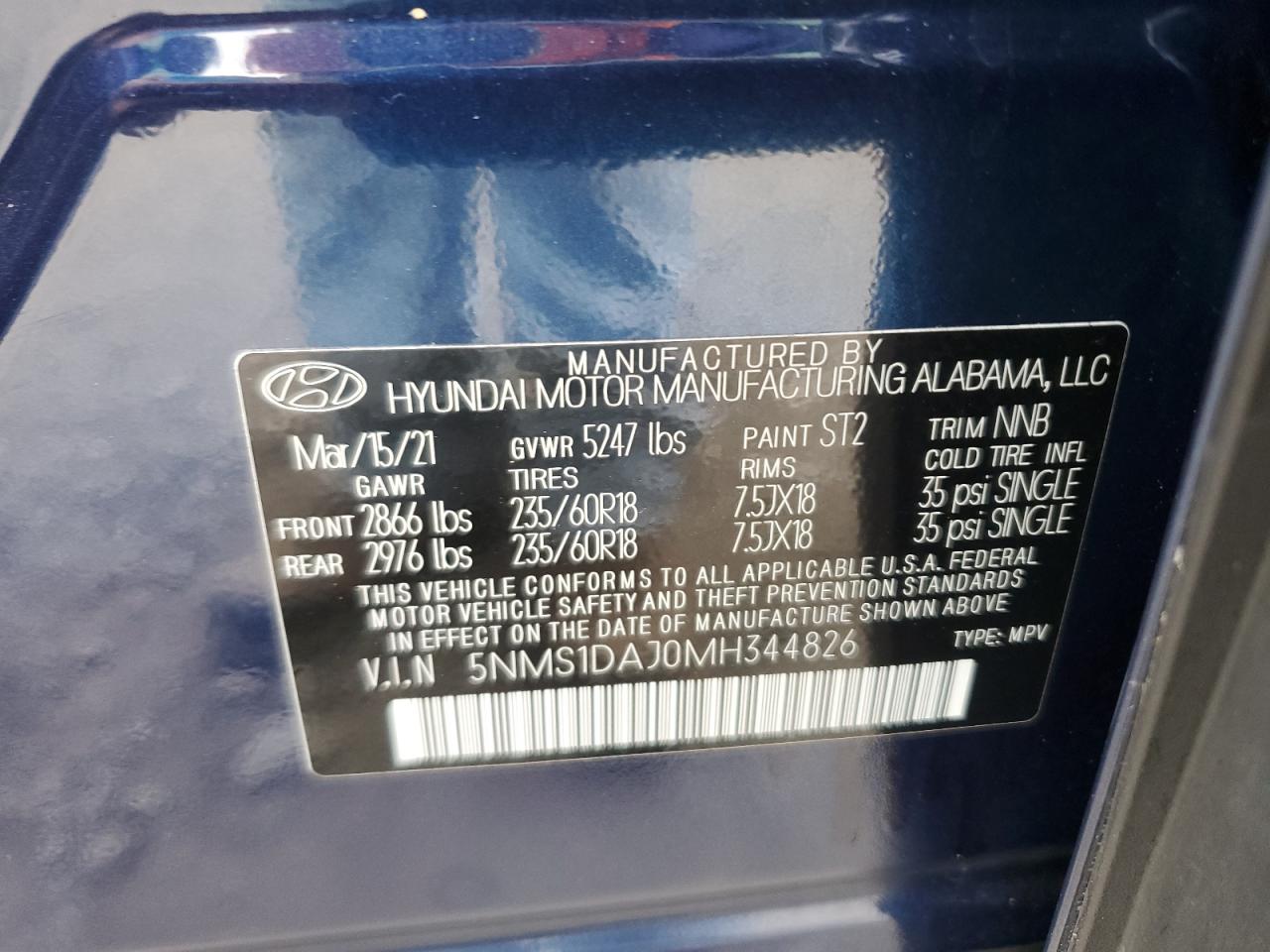 2021 Hyundai Santa Fe Se VIN: 5NMS1DAJ0MH344826 Lot: 81576985