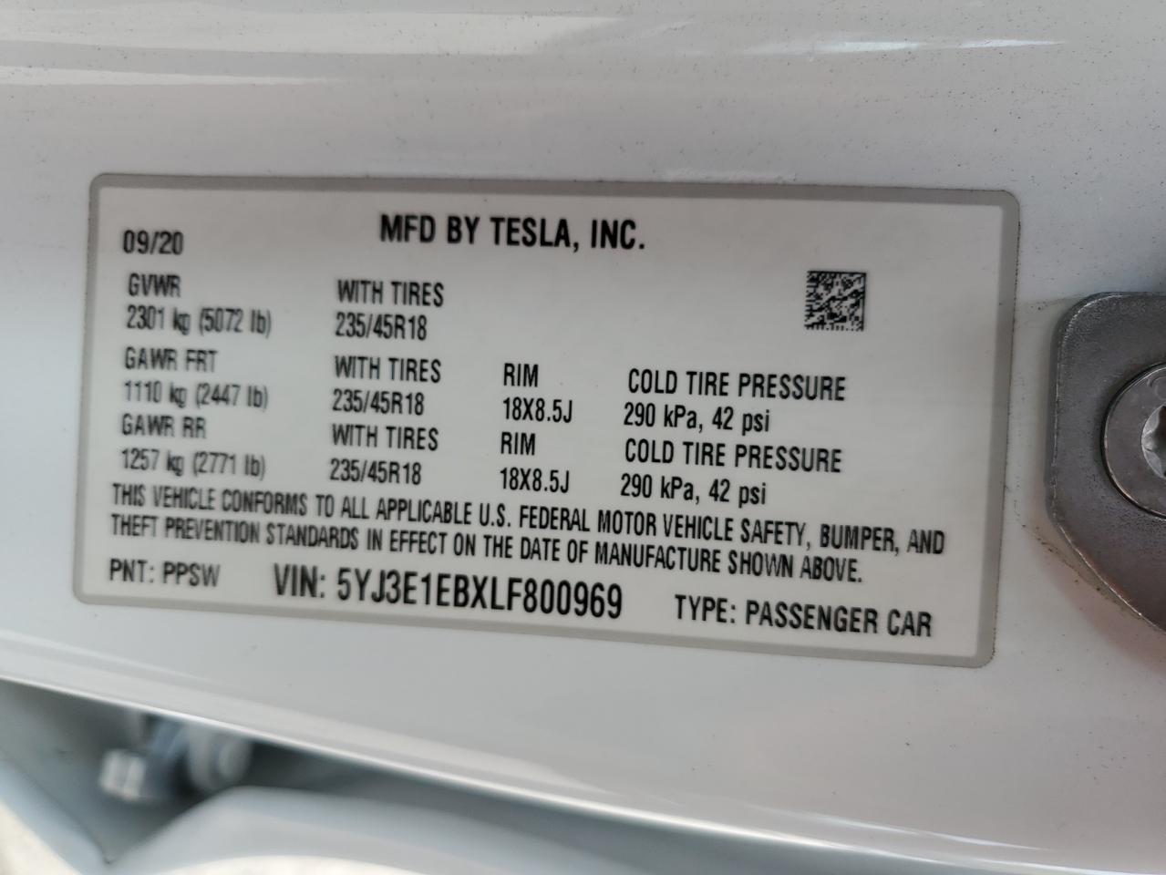 2020 Tesla Model 3 VIN: 5YJ3E1EBXLF800969 Lot: 82095005