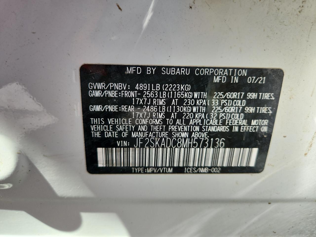2021 Subaru Forester VIN: JF2SKADC8MH573136 Lot: 81145855