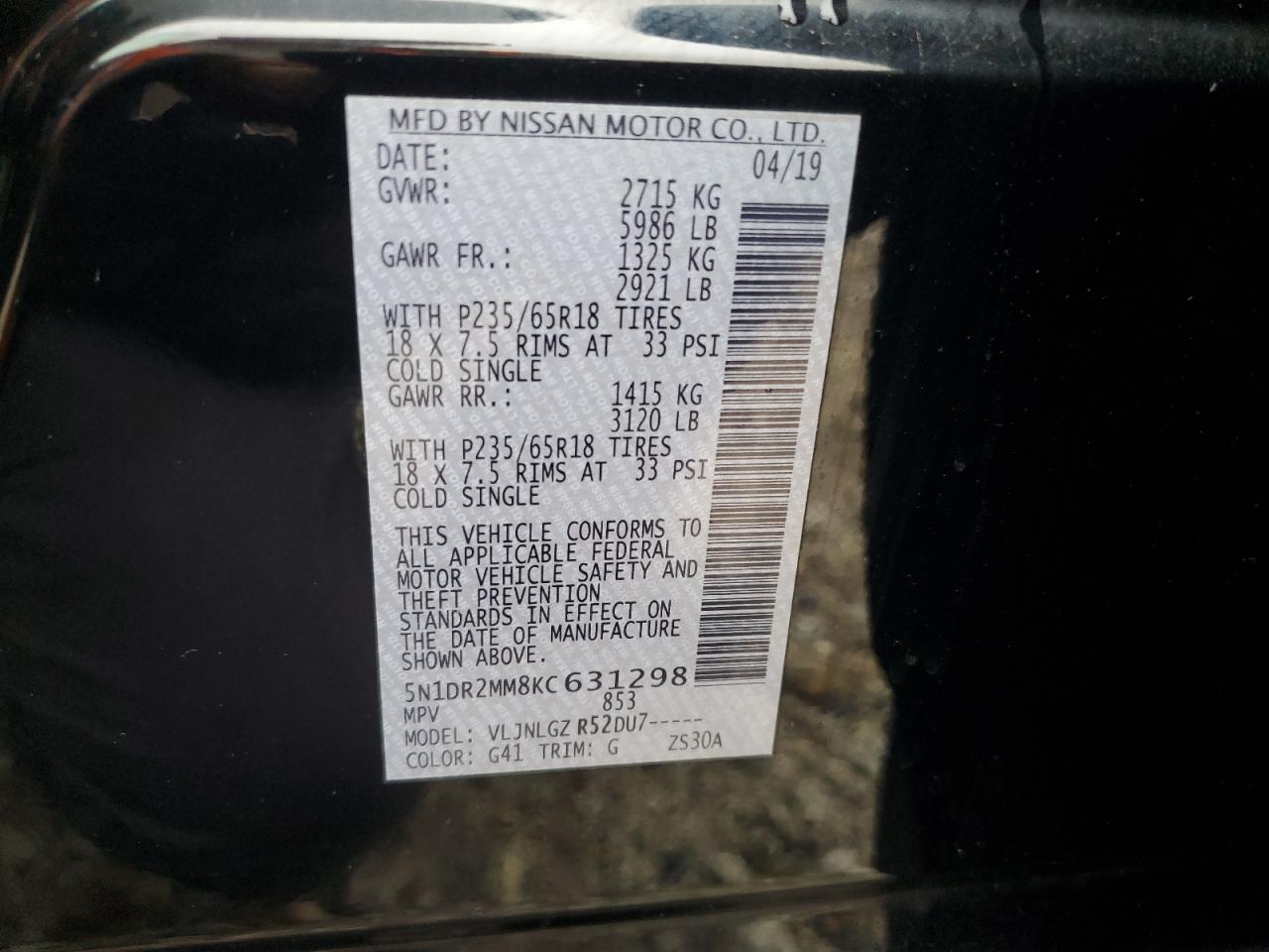 2019 Nissan Pathfinder S VIN: 5N1DR2MM8KC631298 Lot: 81392915
