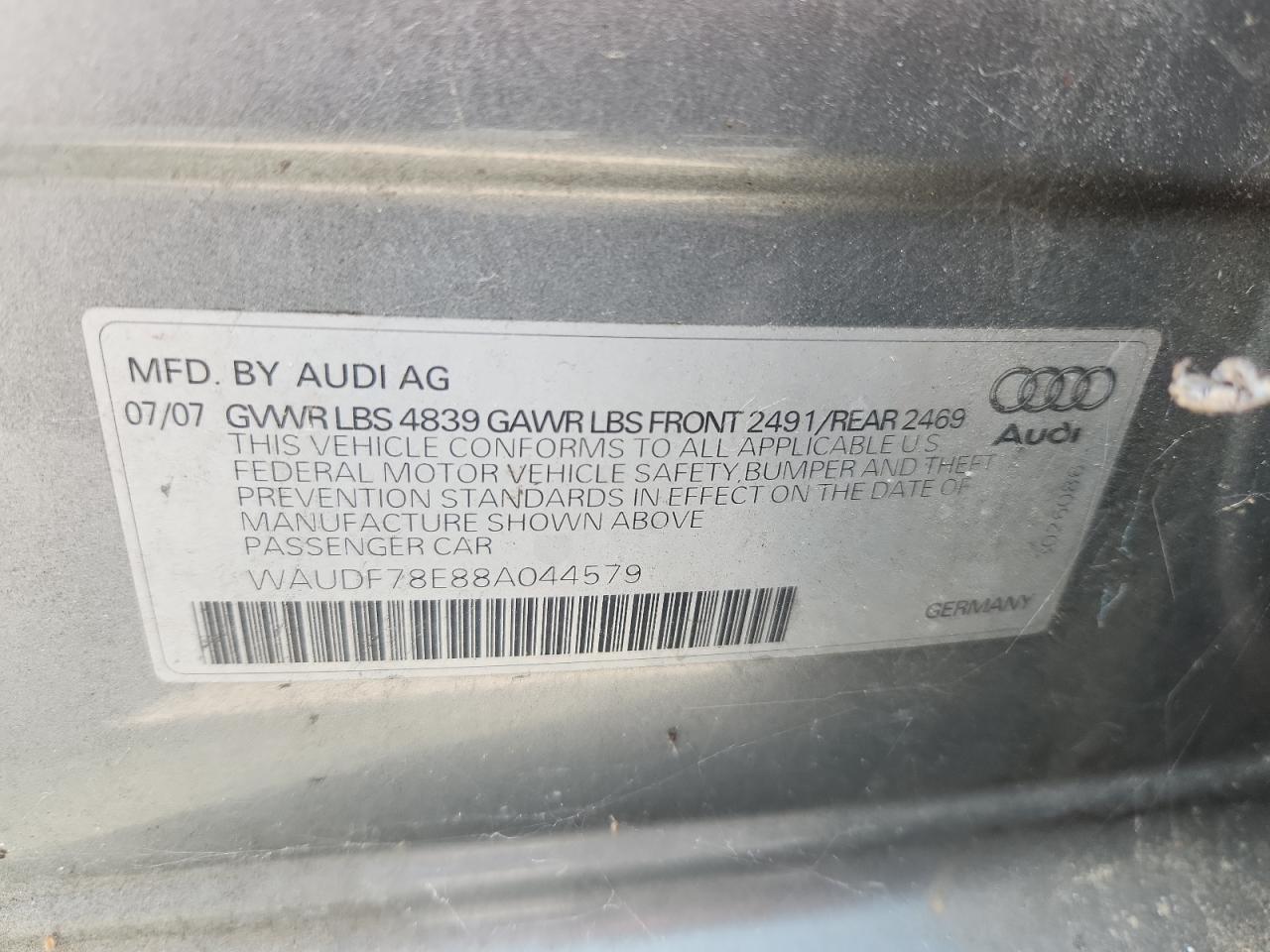 2008 Audi A4 2.0T Quattro VIN: WAUDF78E88A044579 Lot: 81263335