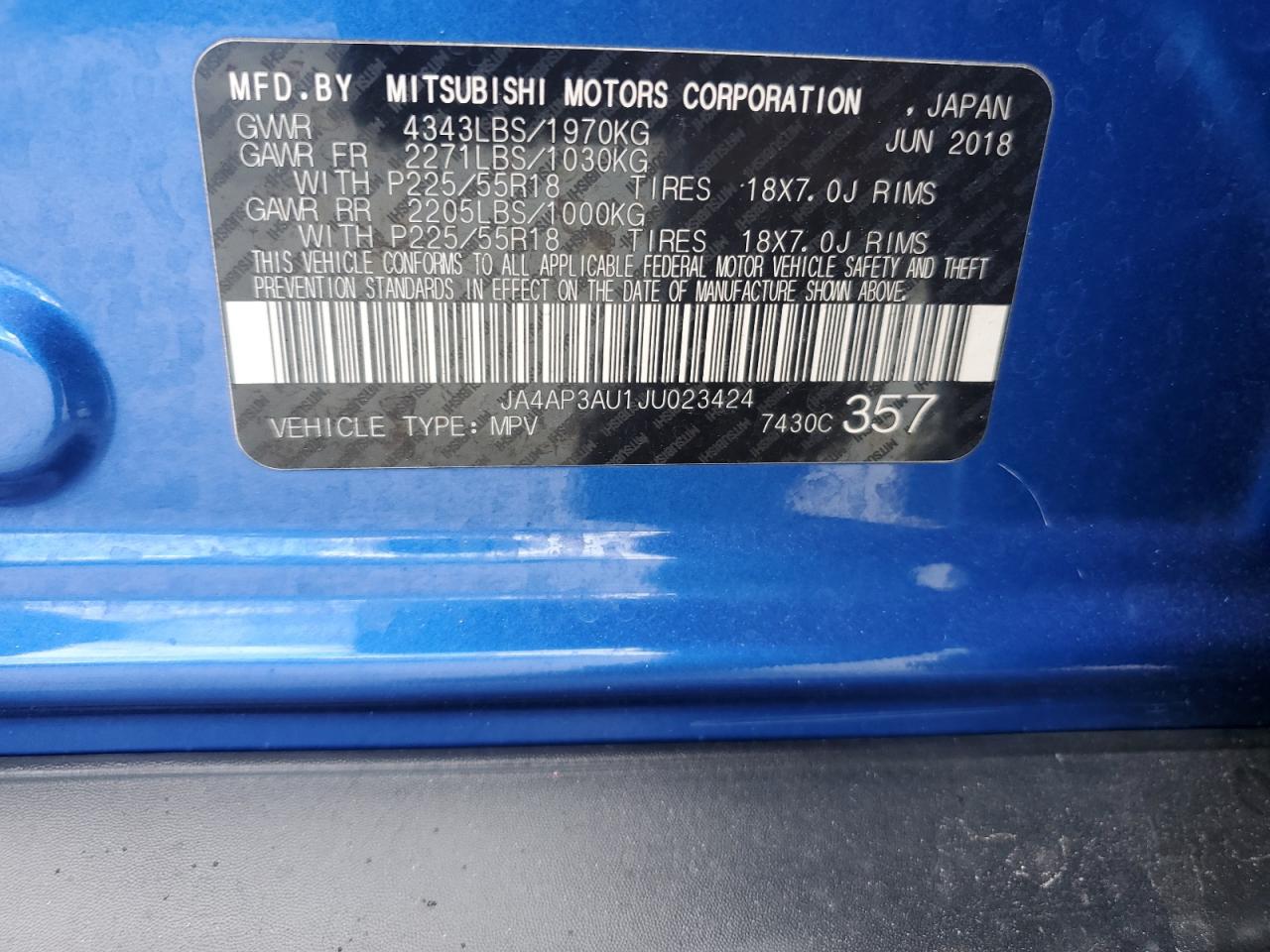 2018 Mitsubishi Outlander Sport Es VIN: JA4AP3AU1JU023424 Lot: 71970285