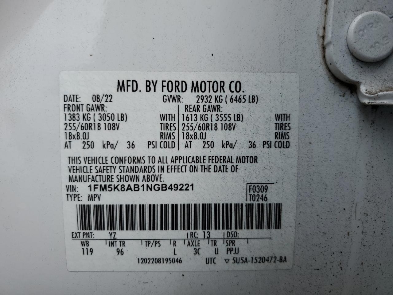 2022 Ford Explorer Police Interceptor VIN: 1FM5K8AB1NGB49221 Lot: 80965705