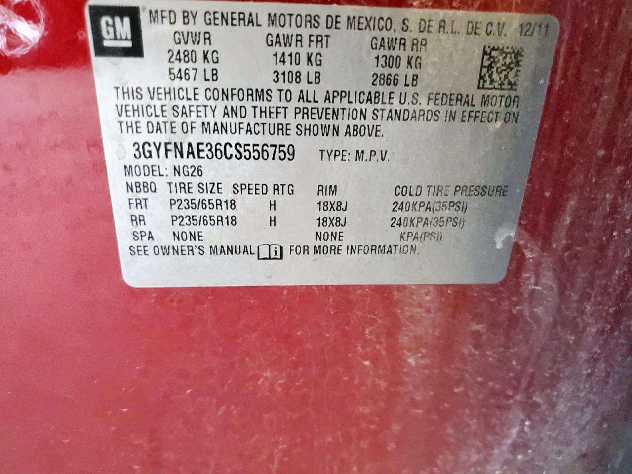 2012 Cadillac Srx Luxury Collection VIN: 3GYFNAE36CS556759 Lot: 84210905