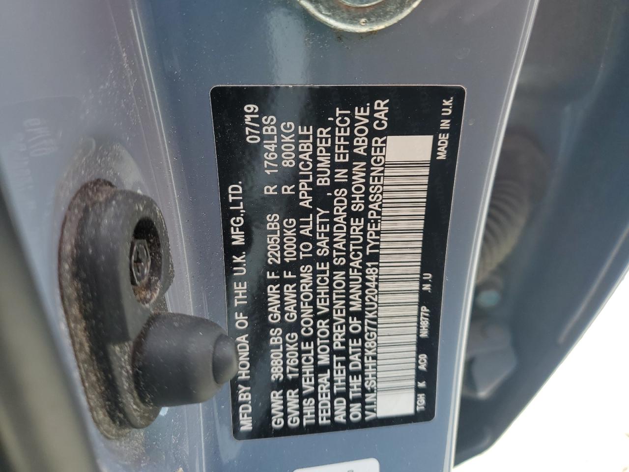 2019 Honda Civic Type-R Touring VIN: SHHFK8G77KU204481 Lot: 81620745