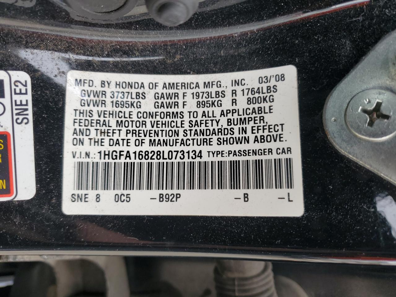 2008 Honda Civic Ex VIN: 1HGFA16828L073134 Lot: 81316005