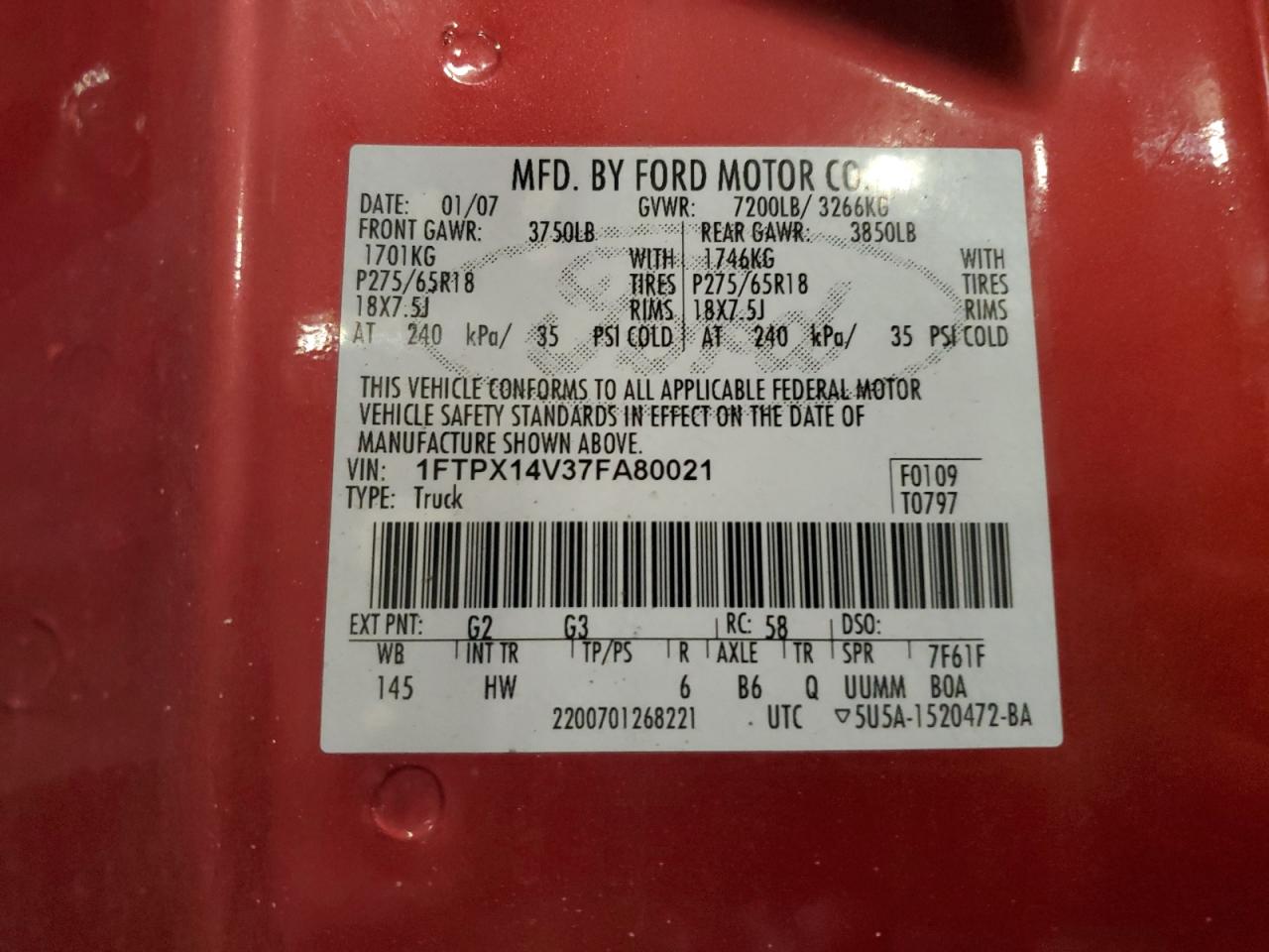 2007 Ford F150 VIN: 1FTPX14V37FA80021 Lot: 81449175