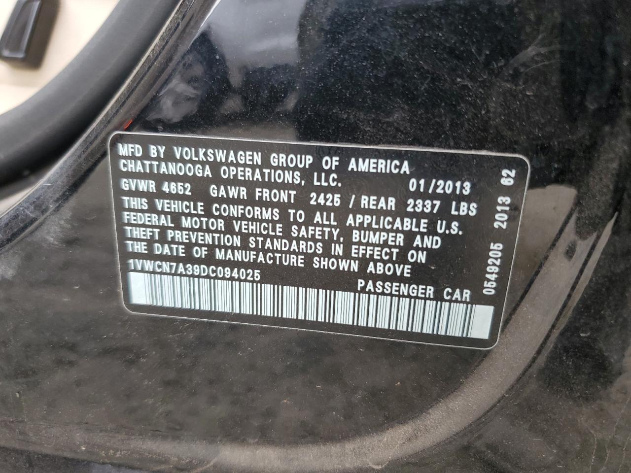 2013 Volkswagen Passat Sel VIN: 1VWCN7A39DC094025 Lot: 81274285