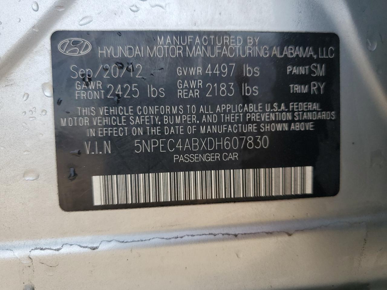 2013 Hyundai Sonata Se VIN: 5NPEC4ABXDH607830 Lot: 81467025