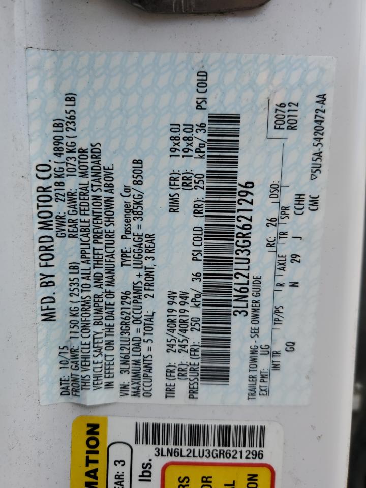 2016 Lincoln Mkz Hybrid VIN: 3LN6L2LU3GR621296 Lot: 71870905