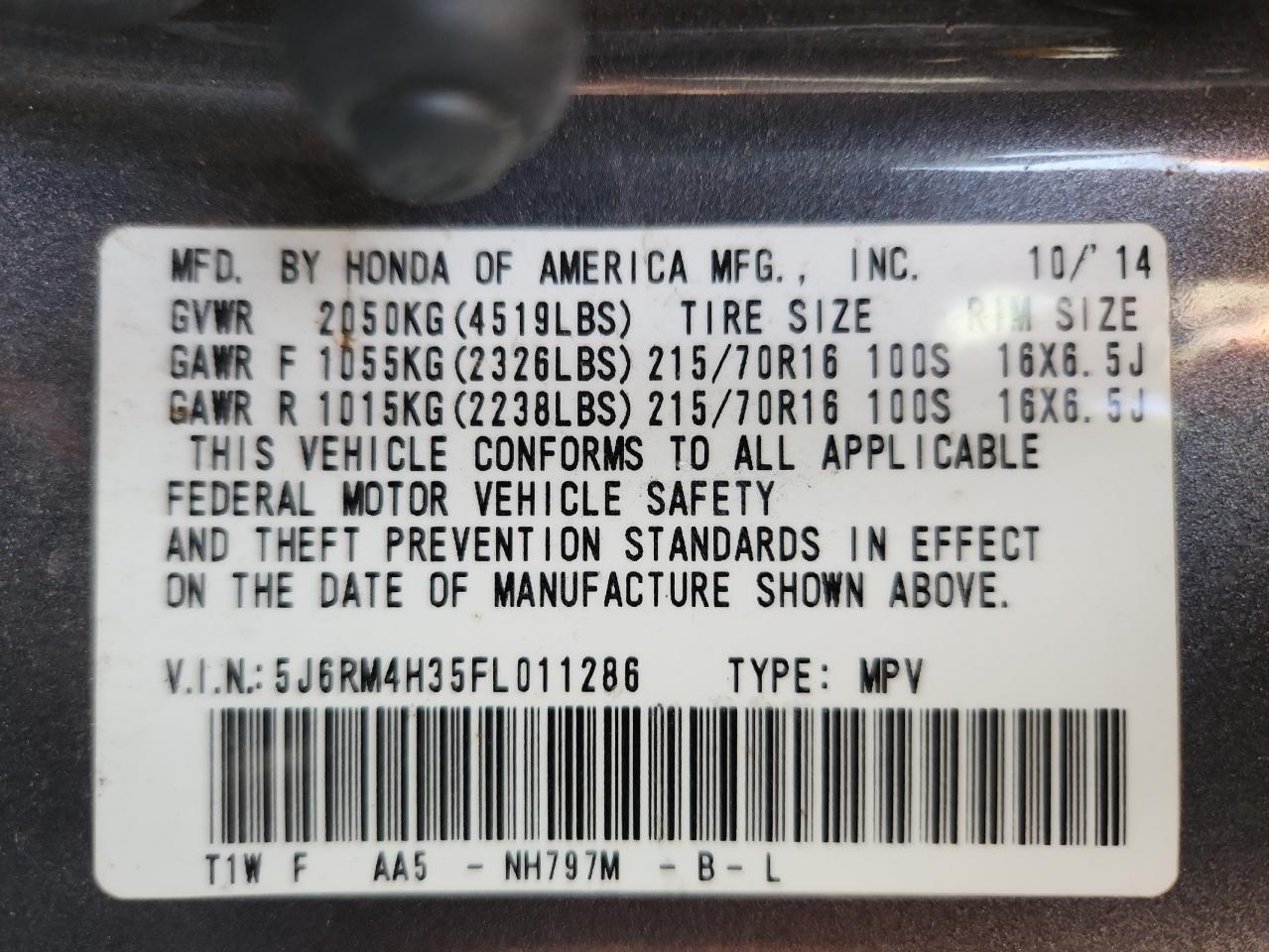 2015 Honda Cr-V Lx VIN: 5J6RM4H35FL011286 Lot: 72030935