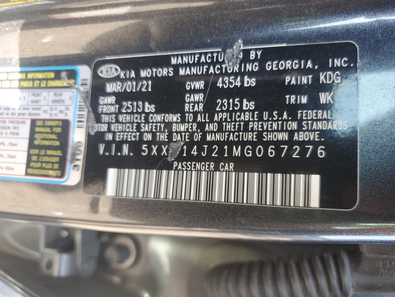 2021 Kia K5 Lxs VIN: 5XXG14J21MG067276 Lot: 80353955