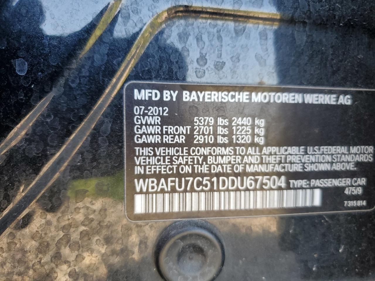 2013 BMW 535 Xi VIN: WBAFU7C51DDU67504 Lot: 71089315