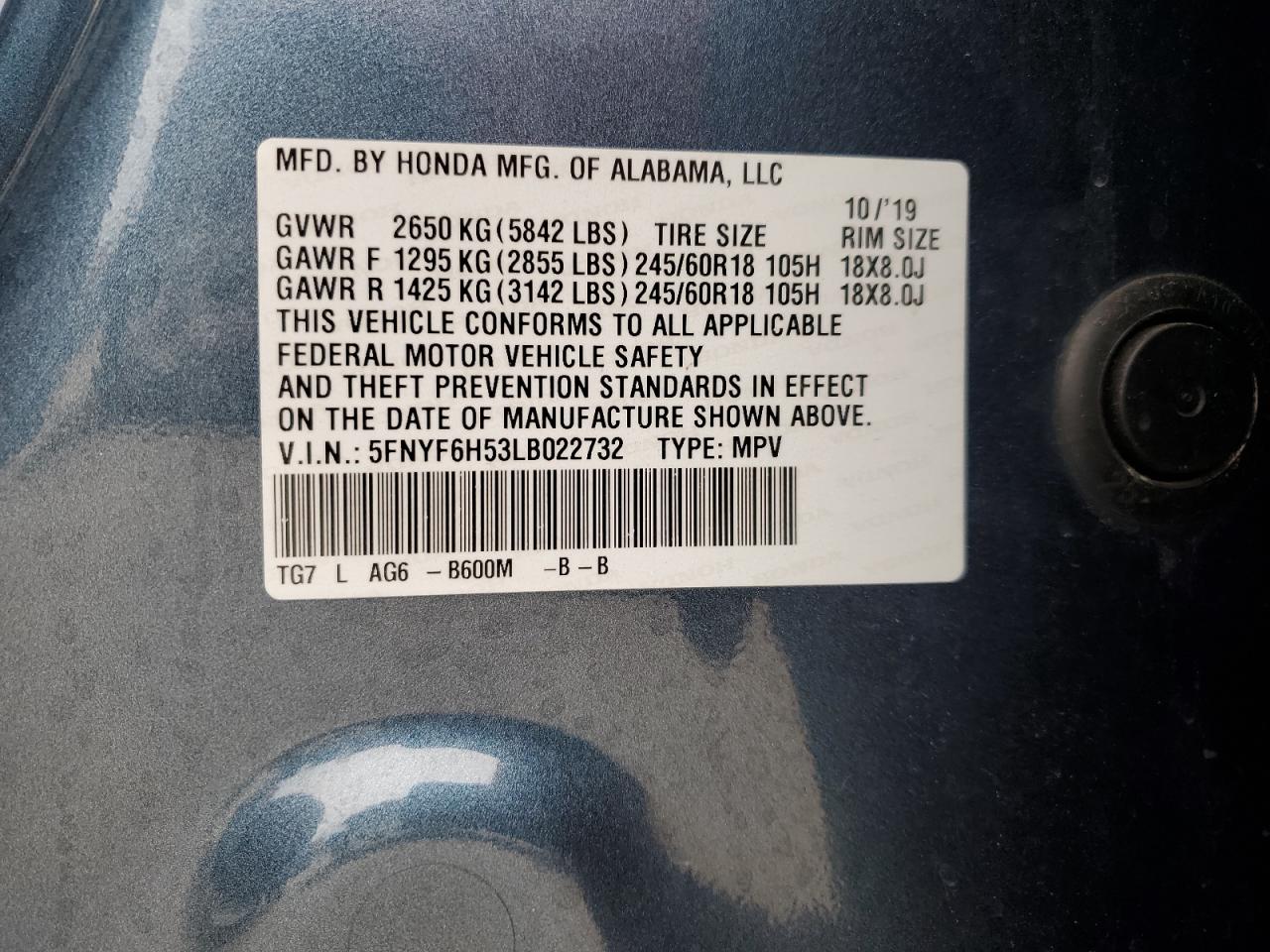 2020 Honda Pilot Exl VIN: 5FNYF6H53LB022732 Lot: 71866115