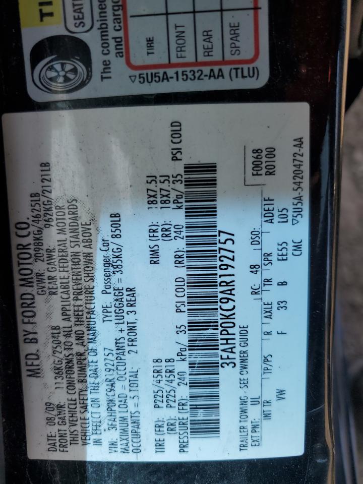 2010 Ford Fusion Sport VIN: 3FAHP0KC9AR192757 Lot: 71658365