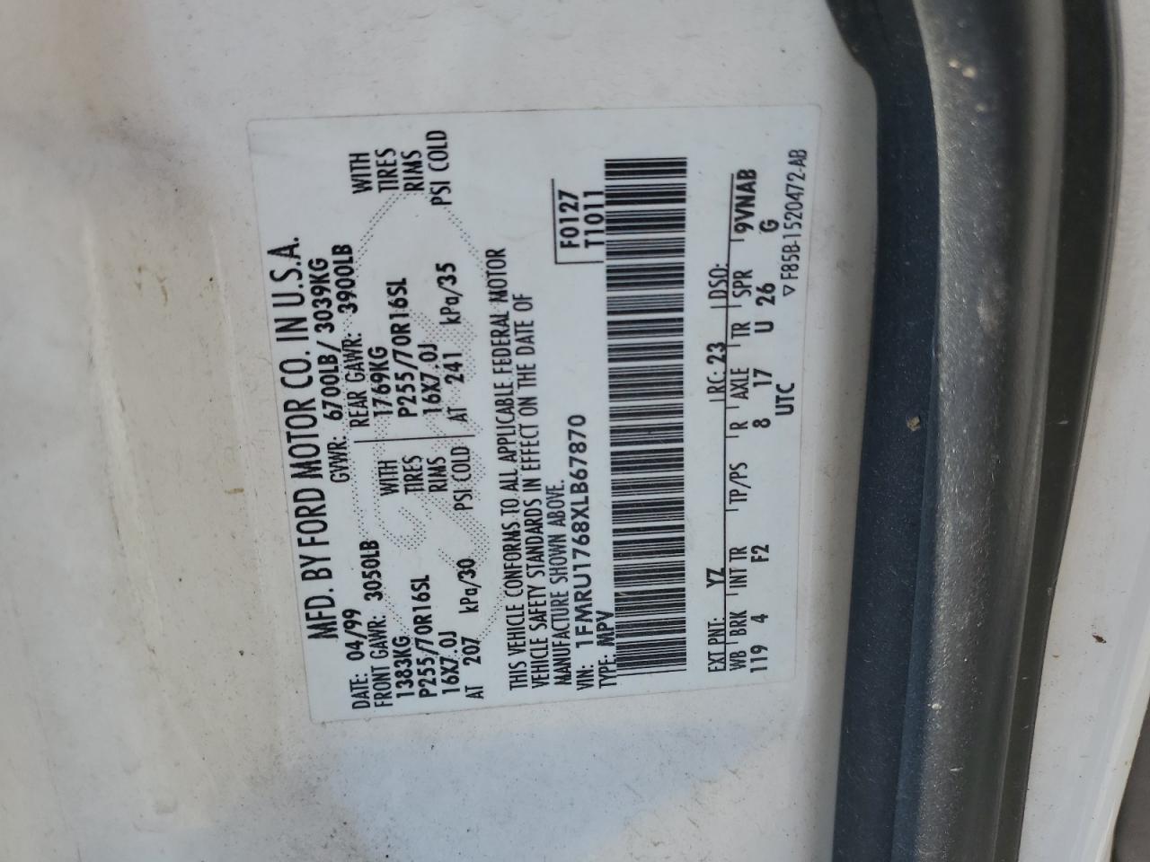 1999 Ford Expedition VIN: 1FMRU1768XLB67870 Lot: 84023885