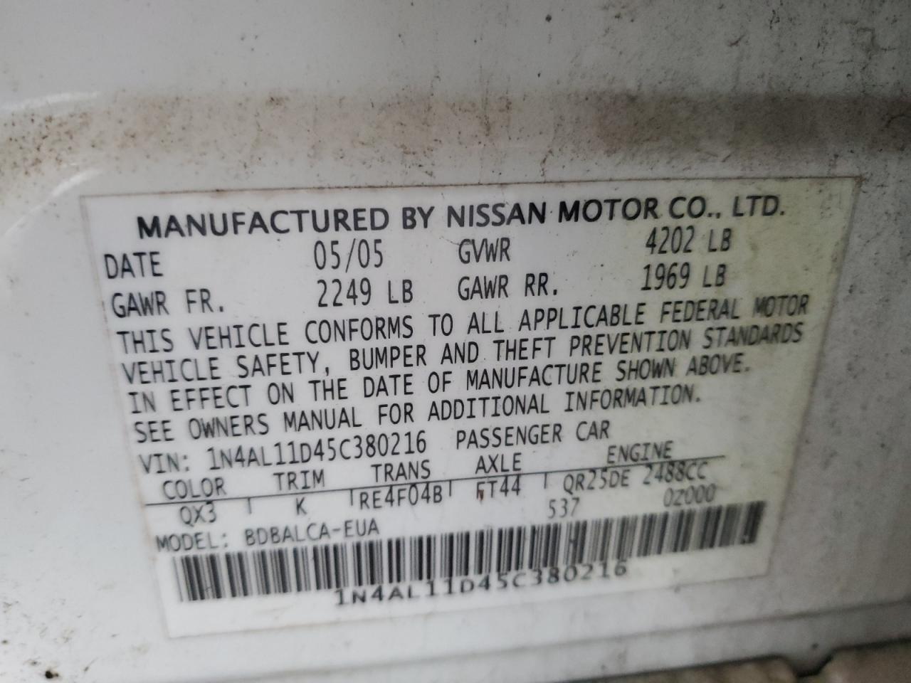 2005 Nissan Altima S VIN: 1N4AL11D45C380216 Lot: 81658785