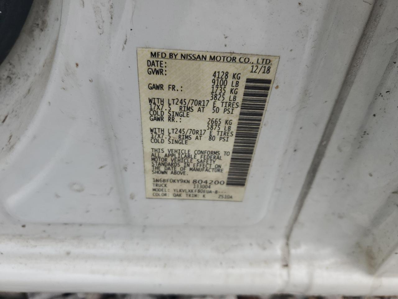2019 Nissan Nv 2500 S VIN: 1N6BF0KY9KN804200 Lot: 89430595