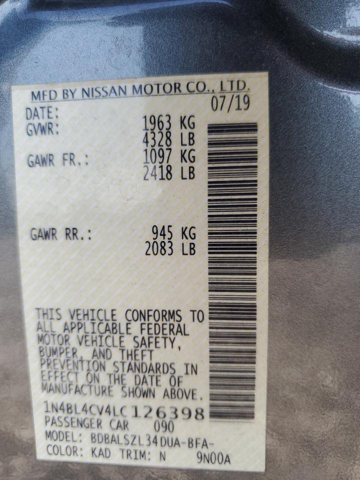 2020 Nissan Altima Sr VIN: 1N4BL4CV4LC126398 Lot: 81624375