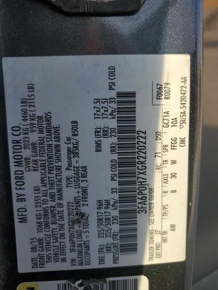 2016 Ford Fusion Se VIN: 3FA6P0H7XGR220222 Lot: 80558895