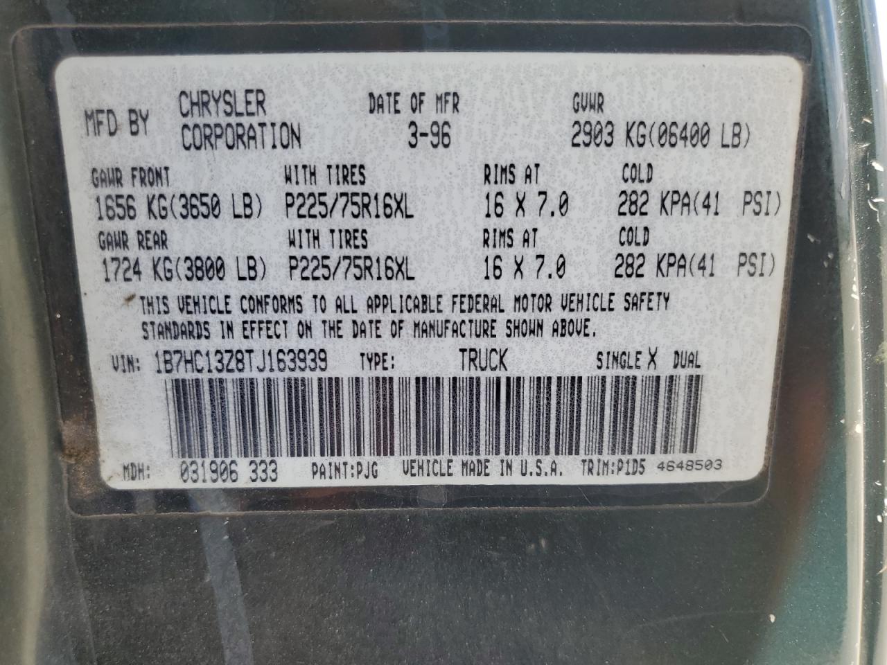 1996 Dodge Tk VIN: 1B7HC13Z8TJ163939 Lot: 80375915