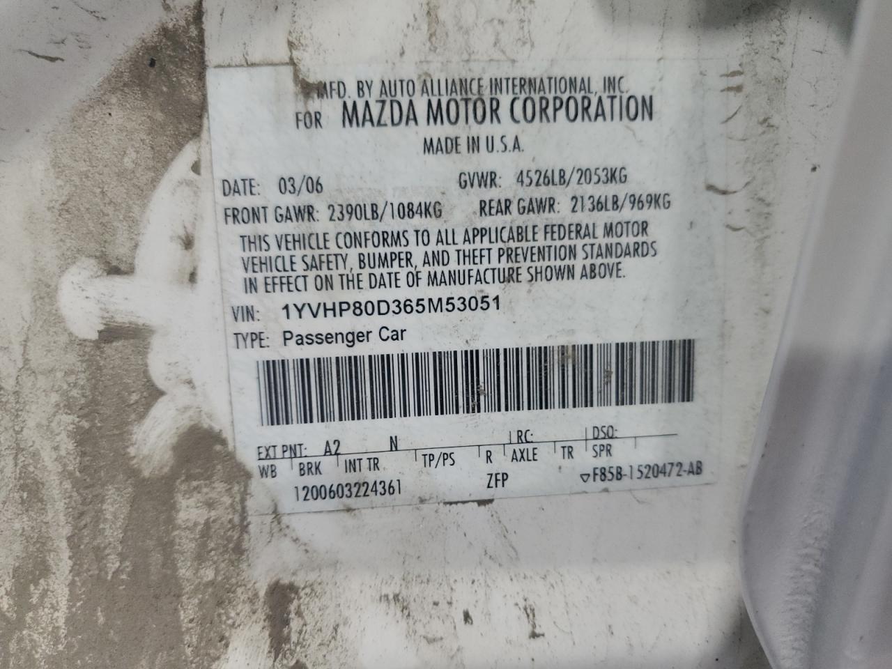 2006 Mazda 6 S VIN: 1YVHP80D365M53051 Lot: 81429405