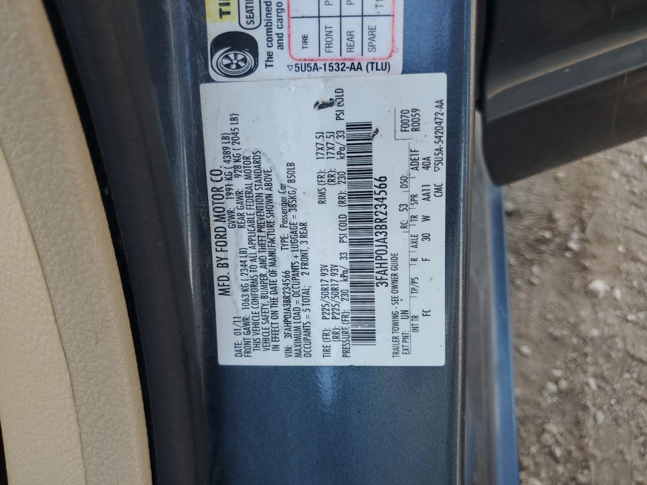 2011 Ford Fusion Sel VIN: 3FAHP0JA3BR234566 Lot: 81136735