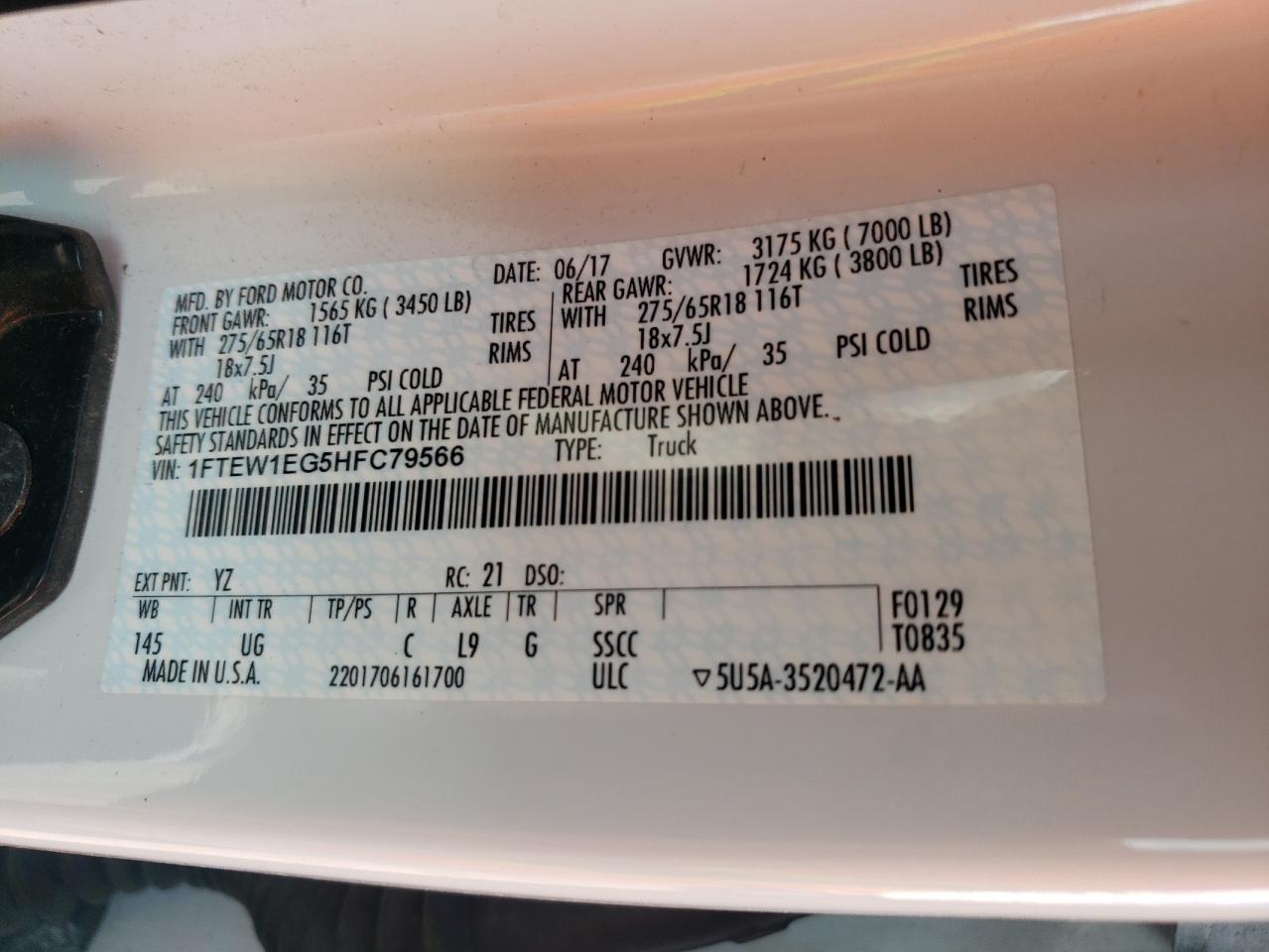 2017 Ford F150 Supercrew VIN: 1FTEW1EG5HFC79566 Lot: 81759625