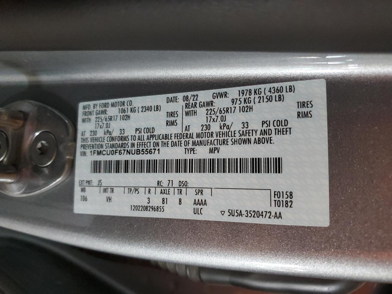 2022 Ford Escape S VIN: 1FMCU0F67NUB55671 Lot: 81680585