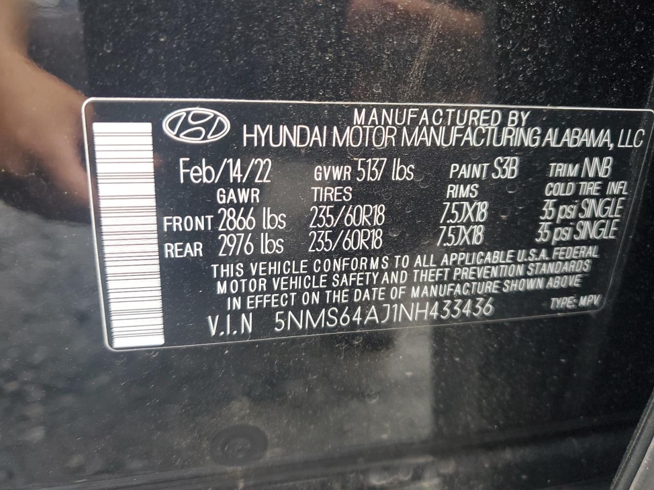 2022 Hyundai Santa Fe Sel VIN: 5NMS64AJ1NH433436 Lot: 81789505