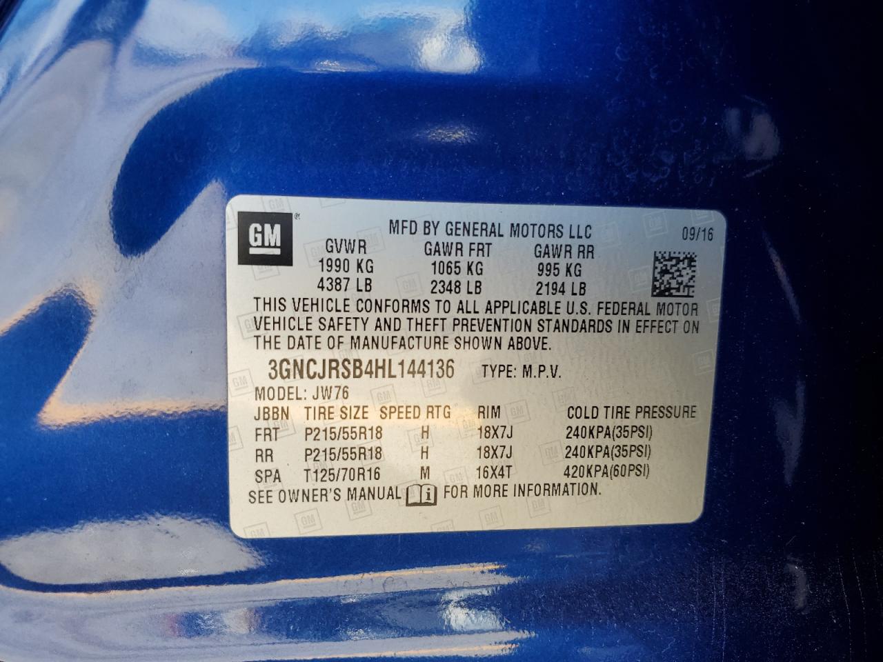 2017 Chevrolet Trax Premier VIN: 3GNCJRSB4HL144136 Lot: 80122105