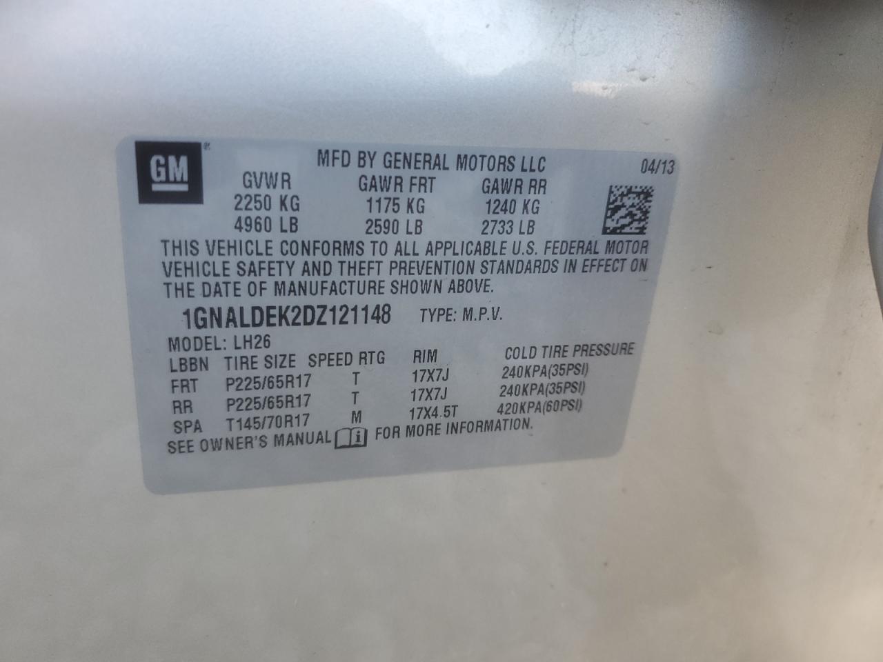 2013 Chevrolet Equinox Lt VIN: 1GNALDEK2DZ121148 Lot: 80339725