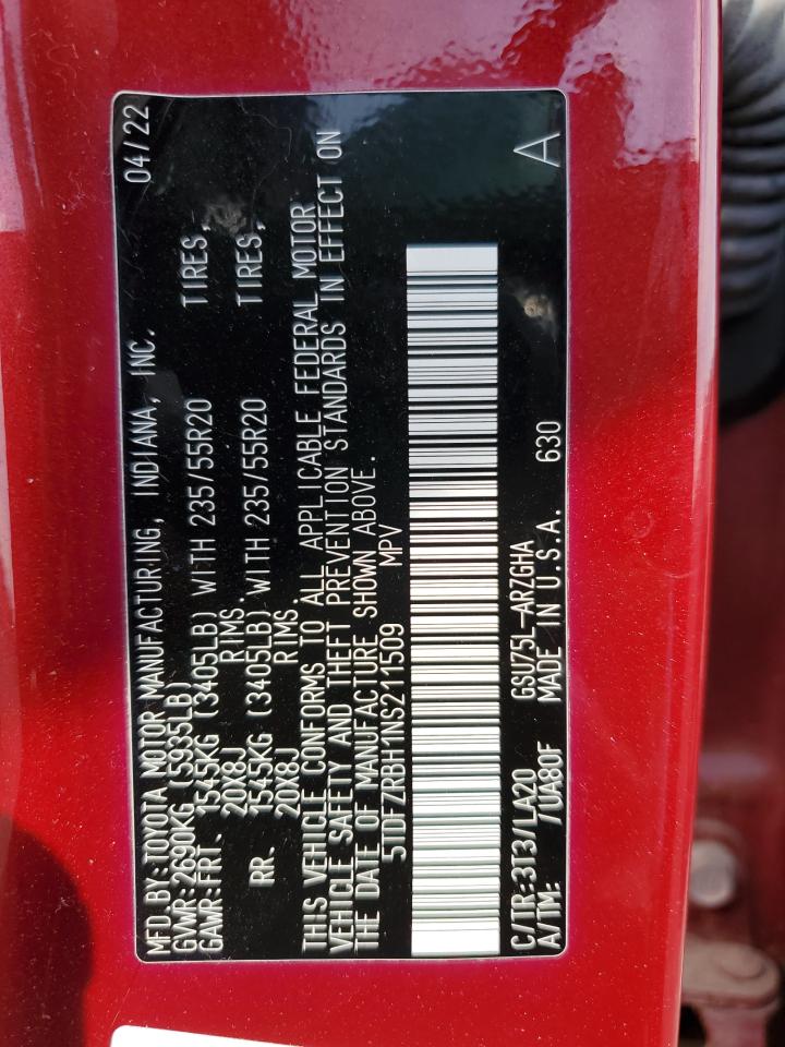 2022 Toyota Highlander Platinum VIN: 5TDFZRBH1NS211509 Lot: 71289265