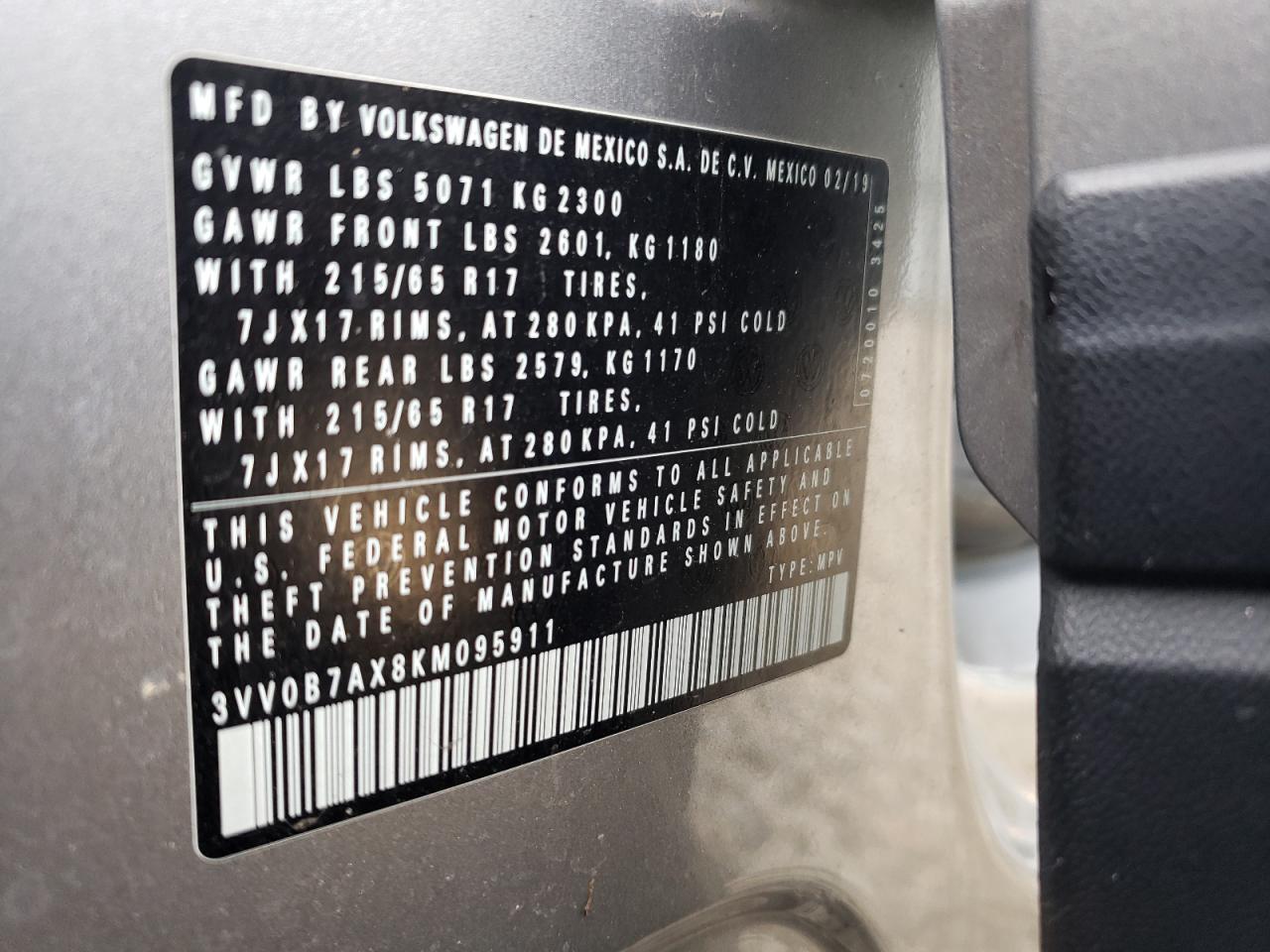 2019 Volkswagen Tiguan S VIN: 3VV0B7AX8KM095911 Lot: 81008565