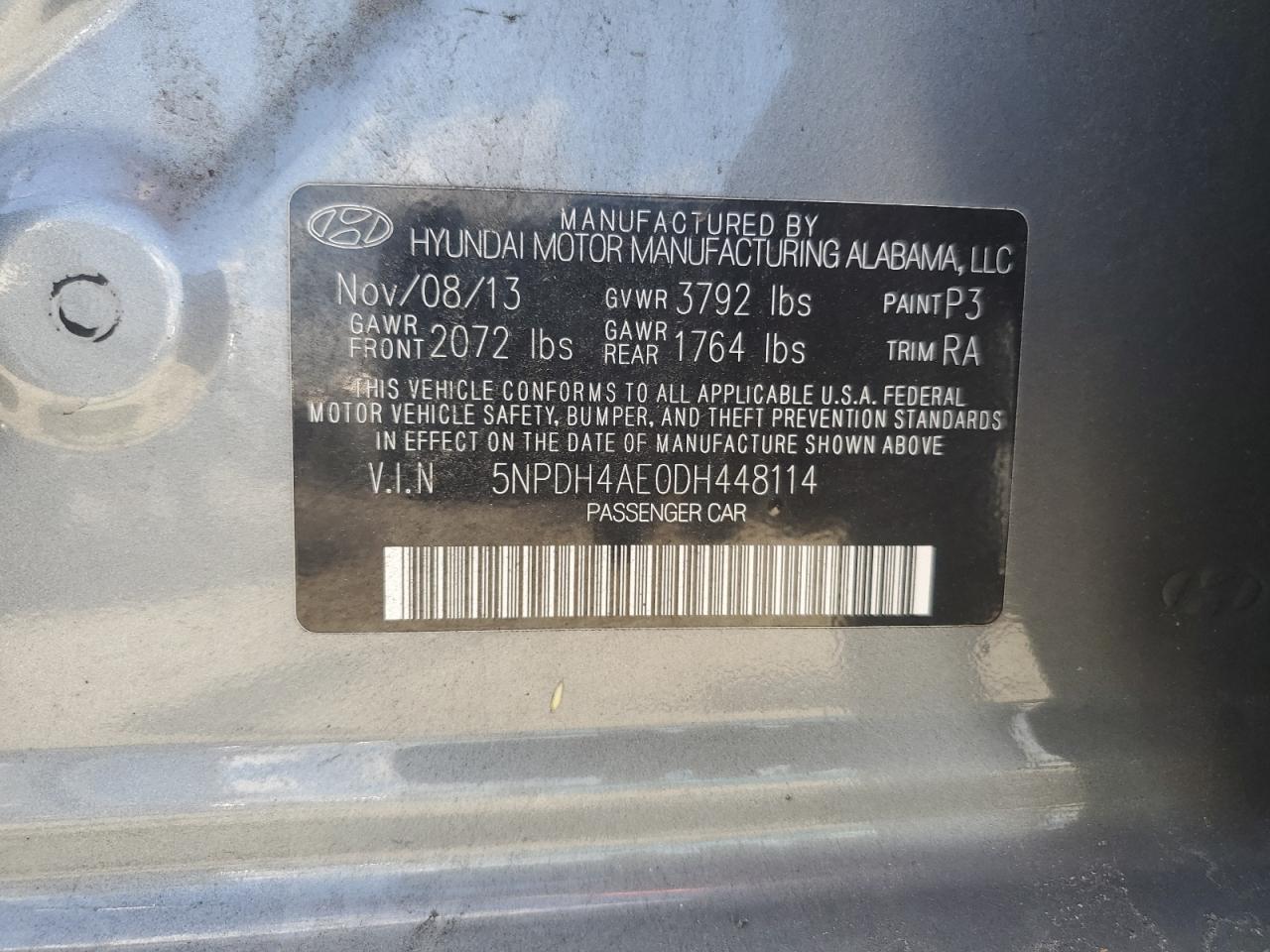 2013 Hyundai Elantra Gls VIN: 5NPDH4AE0DH448114 Lot: 71508845