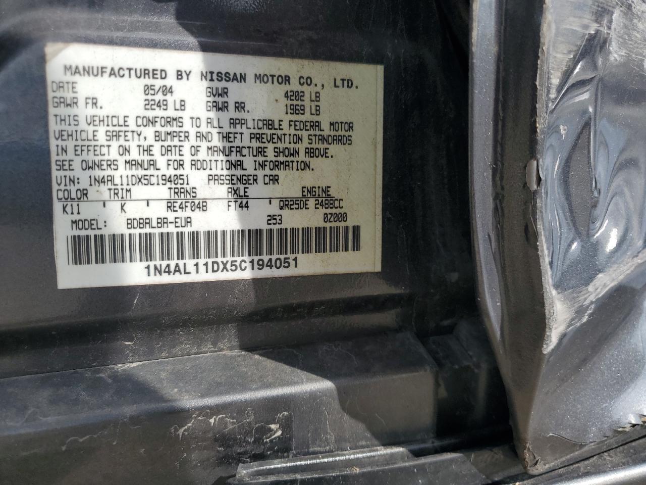 2005 Nissan Altima S VIN: 1N4AL11DX5C194051 Lot: 84015975