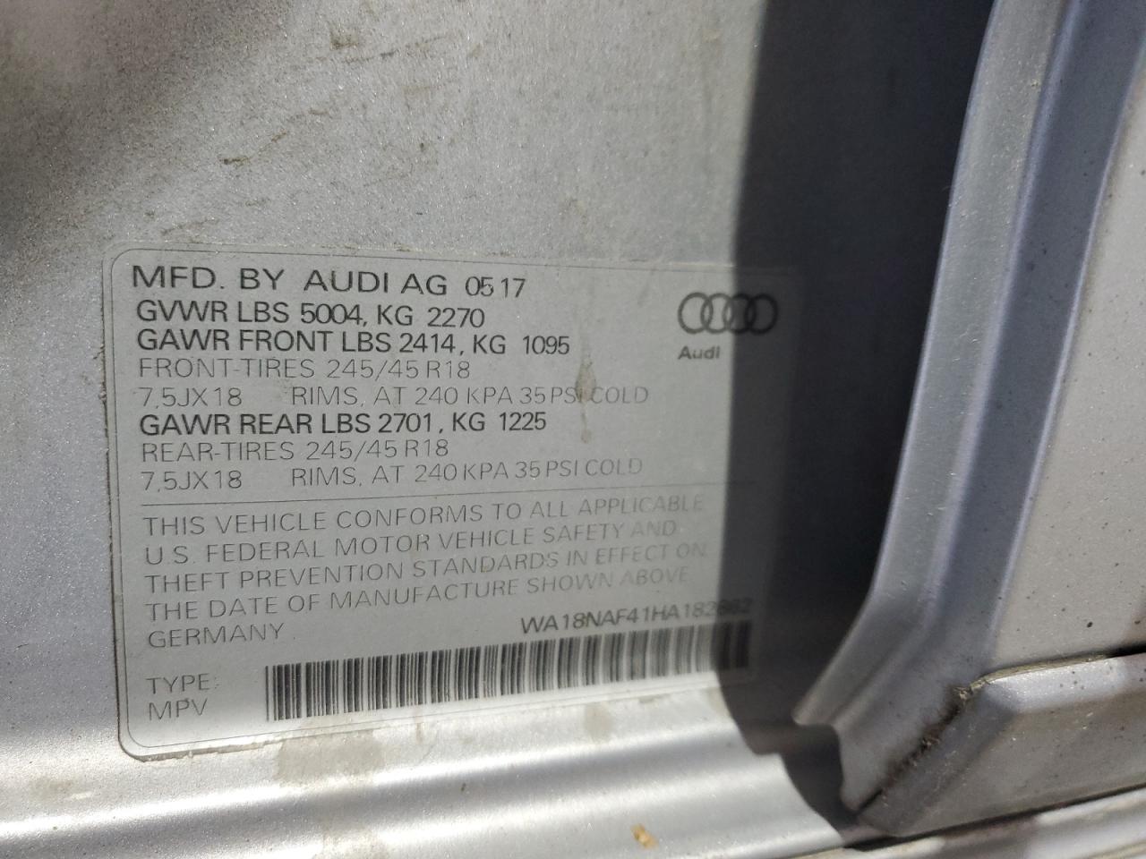 2017 Audi A4 Allroad Premium Plus VIN: WA18NAF41HA182862 Lot: 80892735