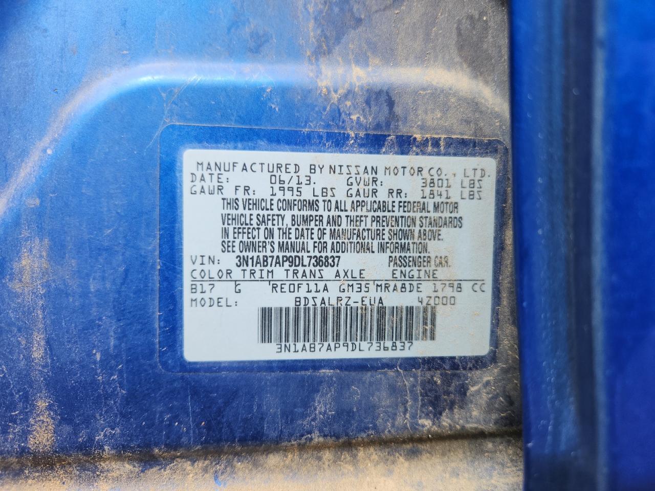 2013 Nissan Sentra S VIN: 3N1AB7AP9DL736837 Lot: 71088375