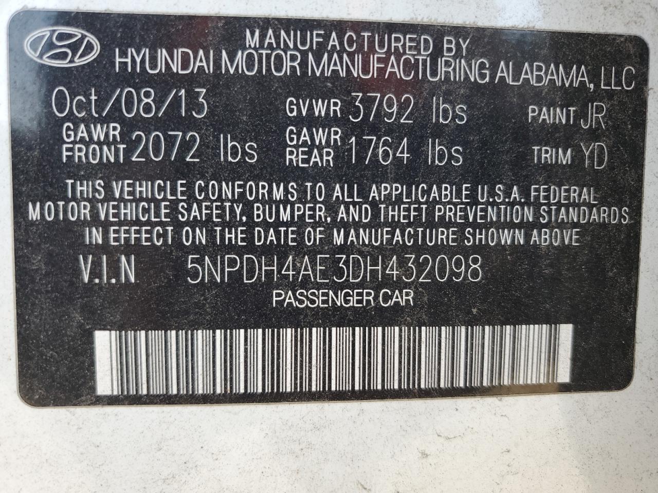 2013 Hyundai Elantra Gls VIN: 5NPDH4AE3DH432098 Lot: 70986945