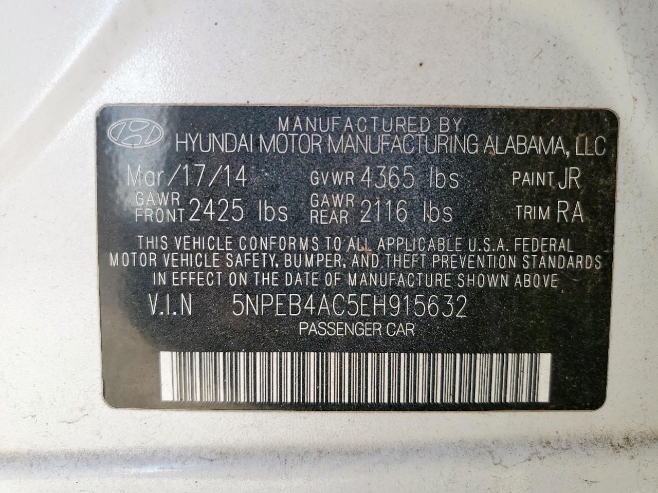 2014 Hyundai Sonata Gls VIN: 5NPEB4AC5EH915632 Lot: 82138765