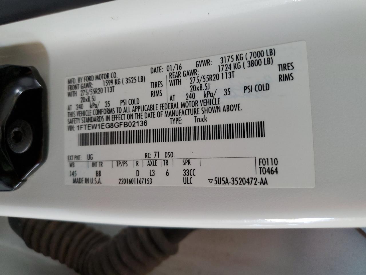 2016 Ford F150 Supercrew VIN: 1FTEW1EG8GFB02136 Lot: 70909345