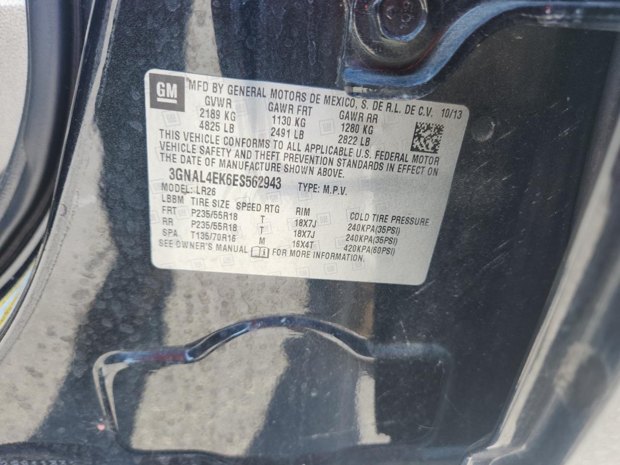 2014 Chevrolet Captiva Ltz VIN: 3GNAL4EK6ES562943 Lot: 80638245
