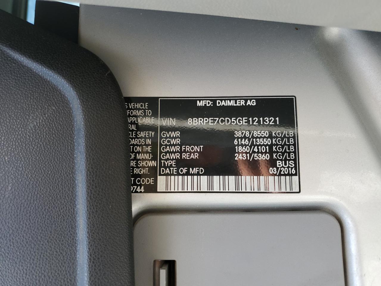 2016 Mercedes-Benz Sprinter 2500 VIN: 8BRPE7CD5GE121321 Lot: 84002525