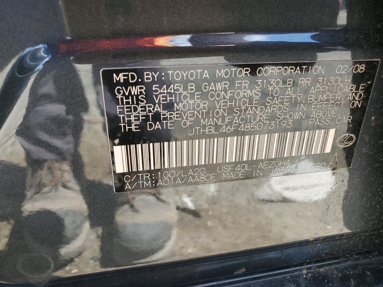 2008 Lexus Ls 460 VIN: JTHBL46F485073193 Lot: 70900805