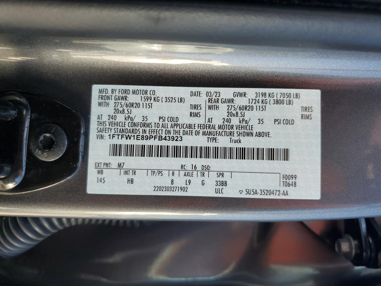 2023 Ford F150 Supercrew VIN: 1FTFW1E89PFB43923 Lot: 70435015