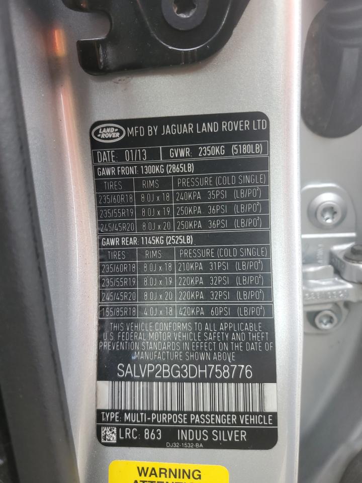2013 Land Rover Range Rover Evoque Pure Plus VIN: SALVP2BG3DH758776 Lot: 83860665